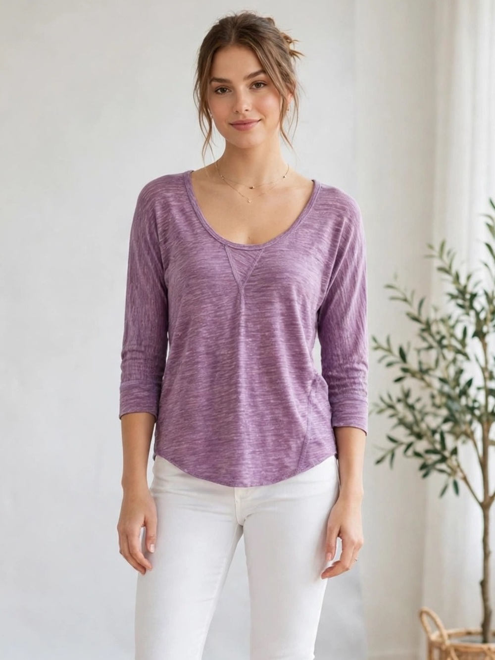 Wilfred Free Purple V Neck Top XXS Lavender Marled 3/4 Sleeve Aritzia